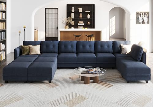Modular Sectional Sofa with Chaise, 8 Seater Reversible L Shaped U Shape Sectional Couch with Storage, Denim Blue R877