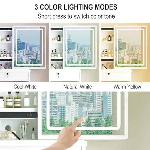 White Vanity Desk with Mirror and Lights, 3 Lighting Modes, Drawers, Open Storage Shelves J3904