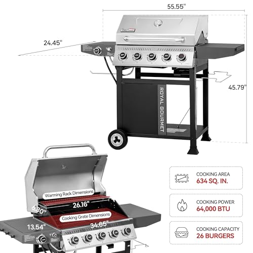 5 Burner Propane Gas Grill with Side Burner and Sear Burner, Porcelain-Enameled Cast Iron Grates R323