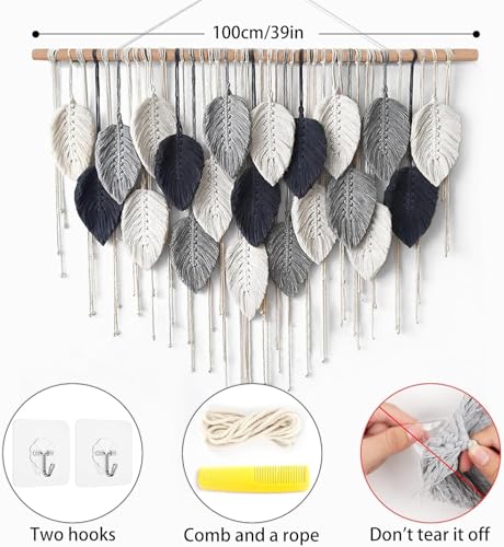 Macrame Wall Hanging Leaf Woven Tapestry Feather Handmade Wall Art 16.5"x29.5" Z88327