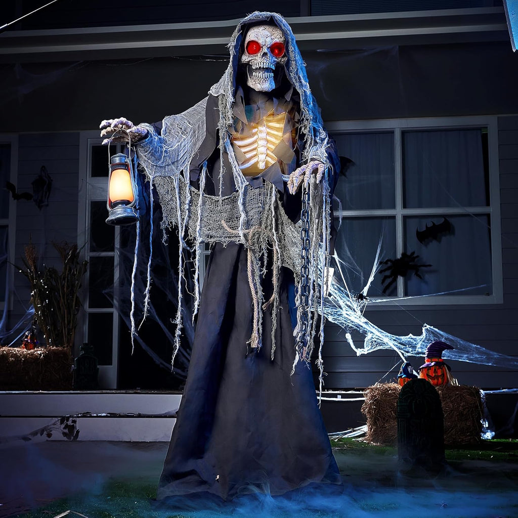 67" Halloween Animatronics Grim Reaper Animated Decoration with Light-Up Eyes E693