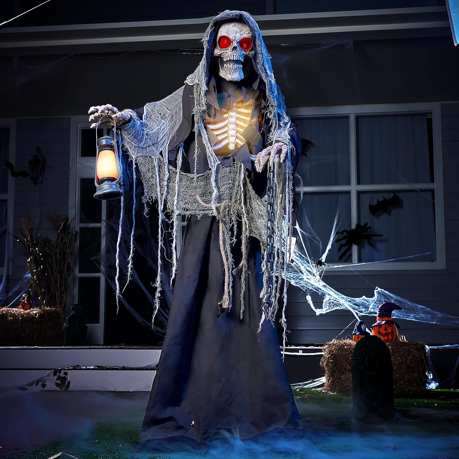 67" Halloween Animatronics Grim Reaper Animated Decoration with Light-Up Eyes E693