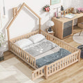 Natural Full Size Floor Bed Frame with Fence and Door J194965