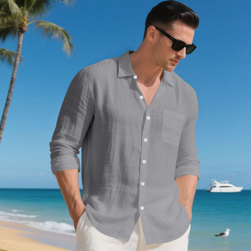 Men's Linen Long Sleeve Button Down Shirt Casual Collared Beach Vacation Shirt for Men
