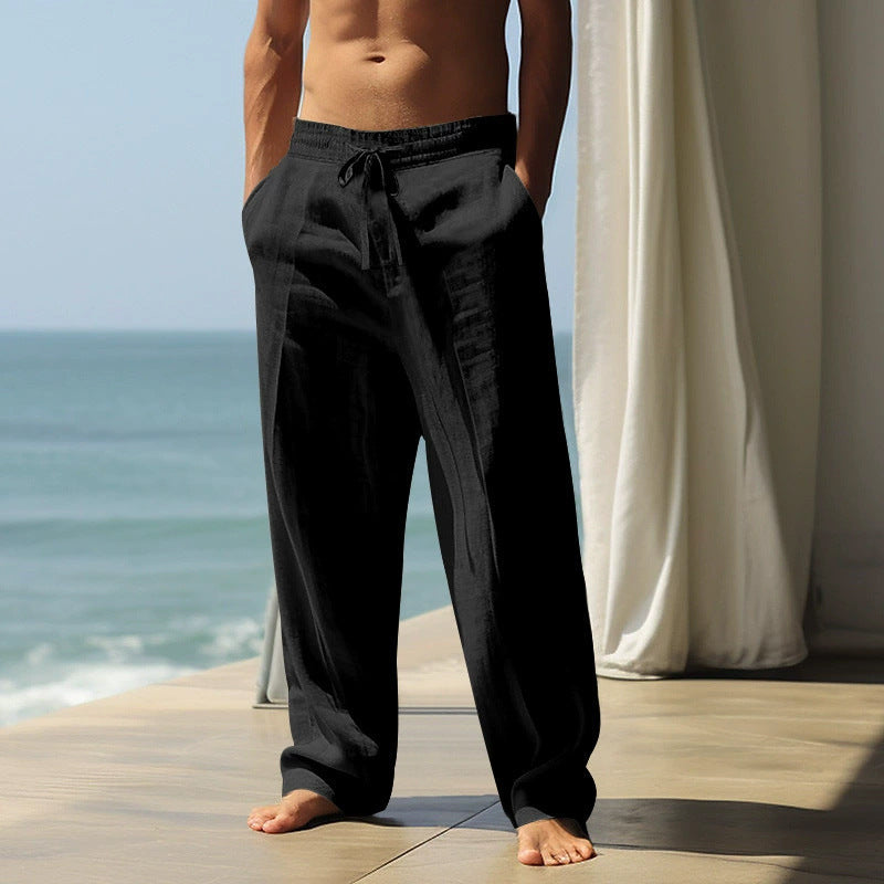 Men's Summer Linen Wide Leg Drawstring Pants Loose Bohemian Beach Trousers with Pockets
