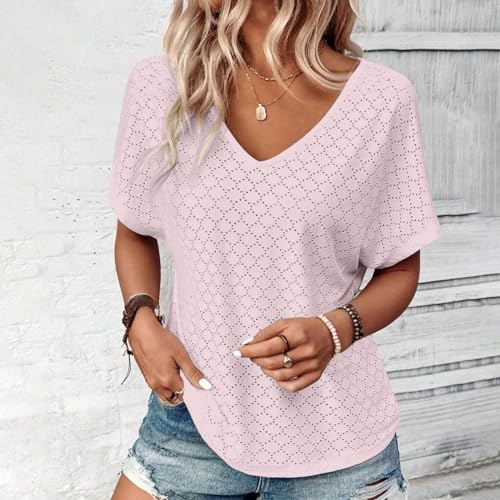 Breathable Eyelets Blouses V Neck Short Sleeve Soft Textured Tunic Tops H94079