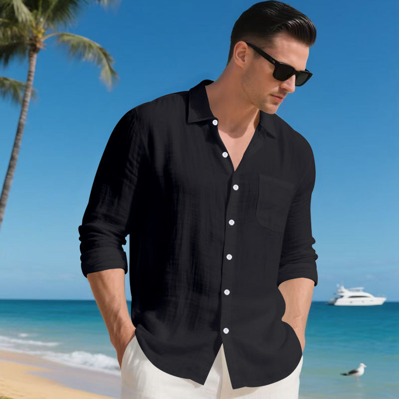 Men's Linen Long Sleeve Button Down Shirt Casual Collared Beach Vacation Shirt for Men