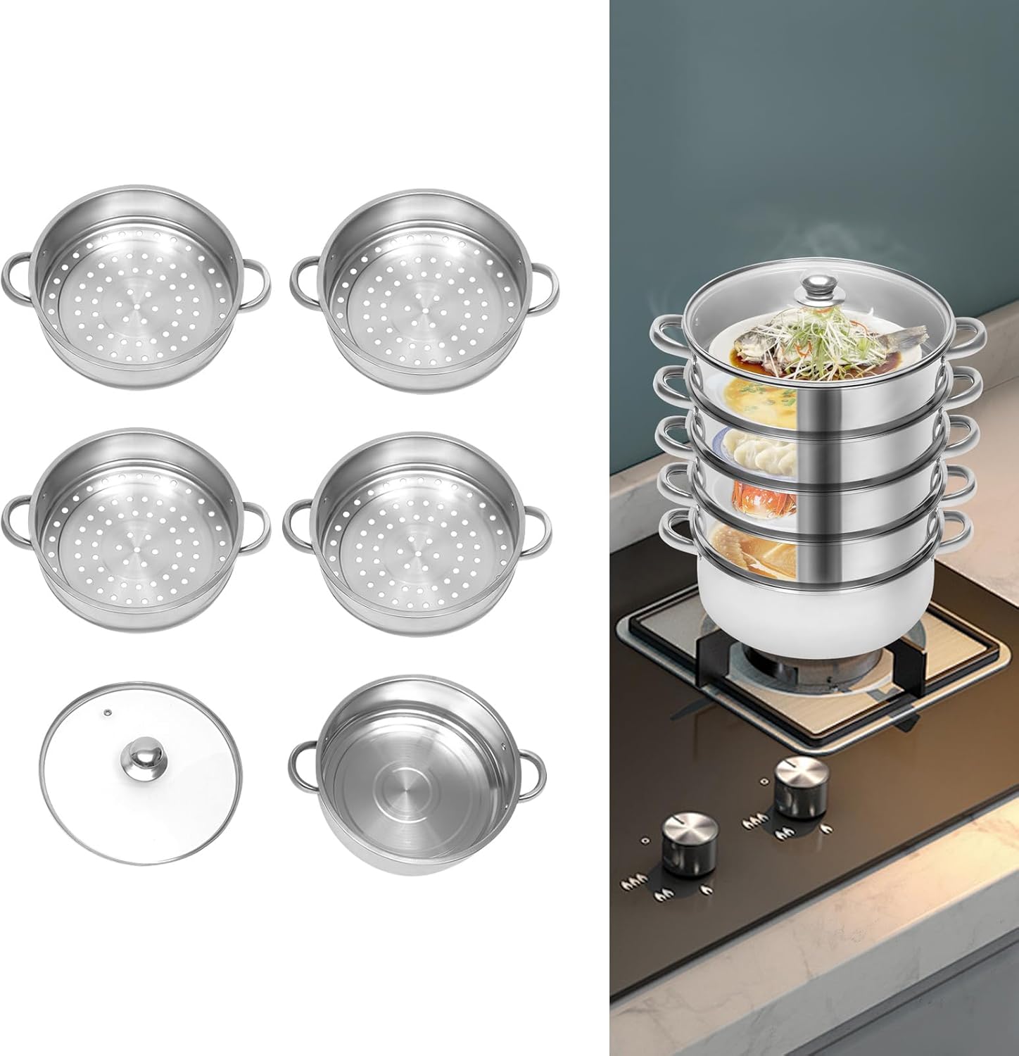 5 Tier 10inch Stainless Steel Steamer Pot with Glass Lid Z240