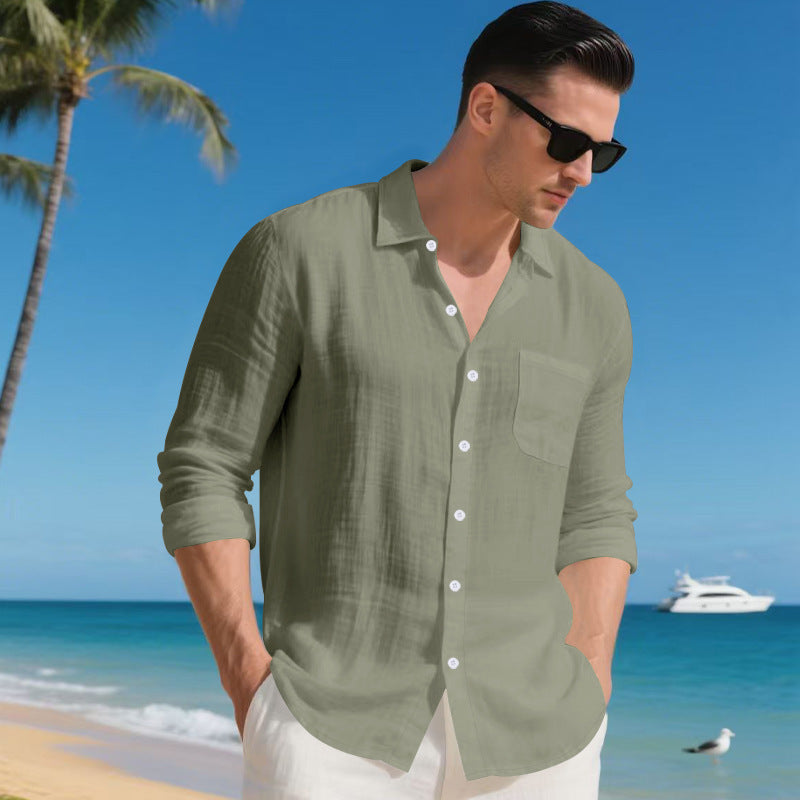 Men's Linen Long Sleeve Button Down Shirt Casual Collared Beach Vacation Shirt for Men