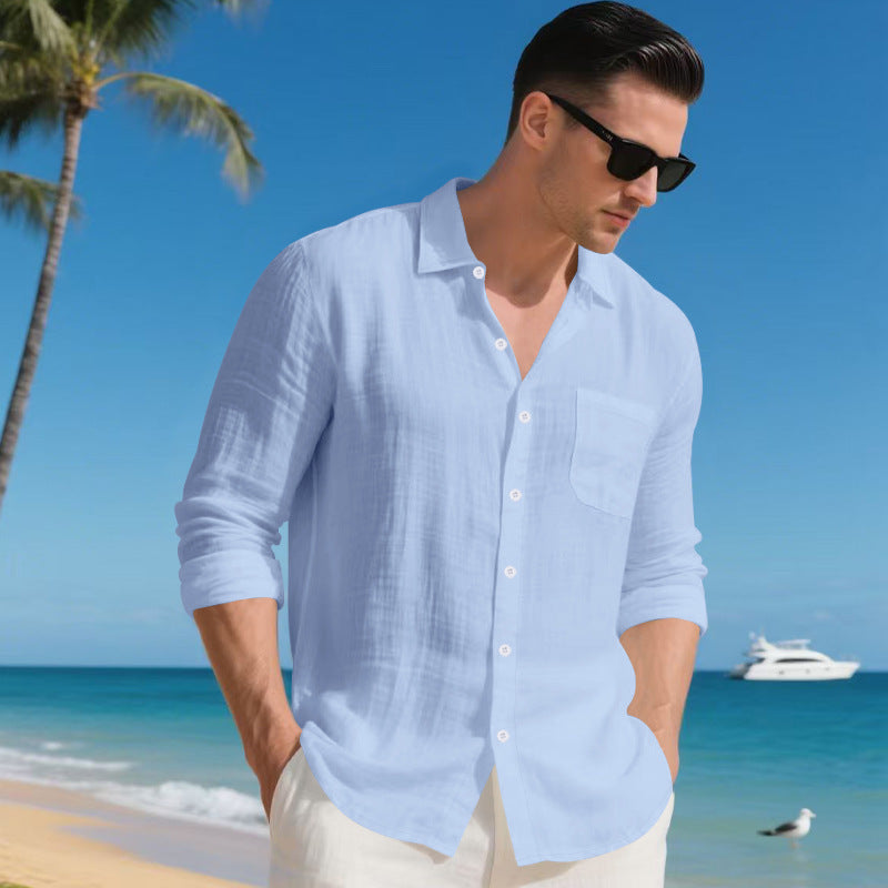 Men's Linen Long Sleeve Button Down Shirt Casual Collared Beach Vacation Shirt for Men