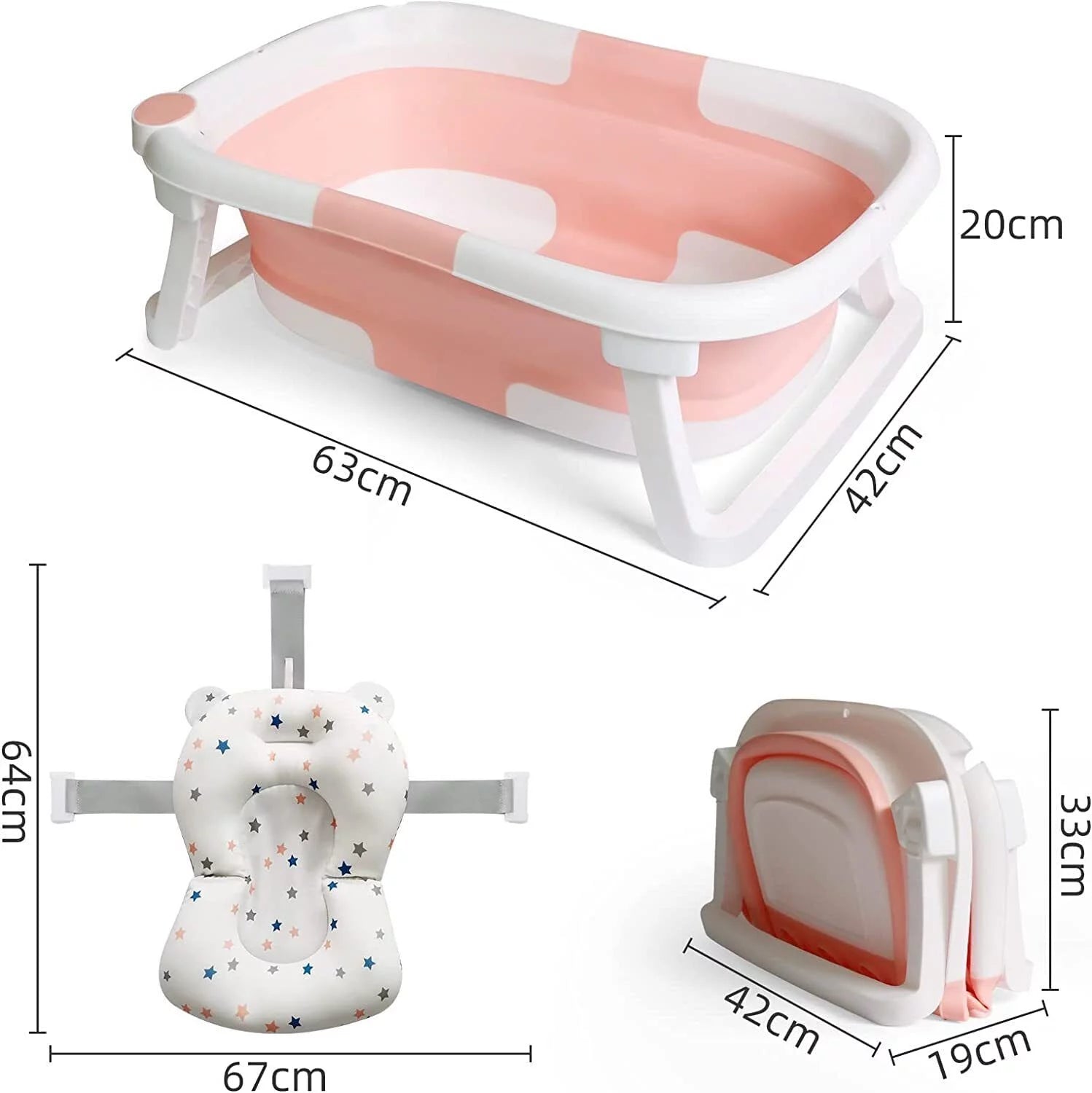 Collapsible Newborn Baby Bathtub with Pillow Cushion Support Bath Net Temperature Sensor Pink Q981