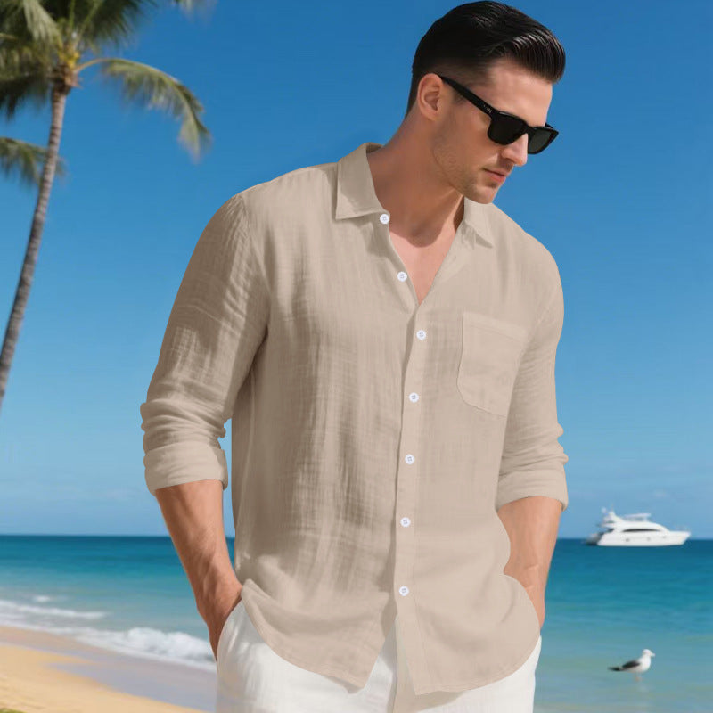 Men's Linen Long Sleeve Button Down Shirt Casual Collared Beach Vacation Shirt for Men