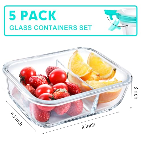 5 Pack Glass Meal Prep Containers 2 Compartment Set, 36OZ Airtight Glass Food Storage Containers with Lids, Grey P726728