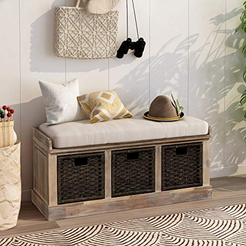 Grey Wicker Storage Bench with Cushion, 3-Drawer and 3 Woven Baskets Y350786