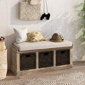 Grey Wicker Storage Bench with Cushion, 3-Drawer and 3 Woven Baskets Y350786