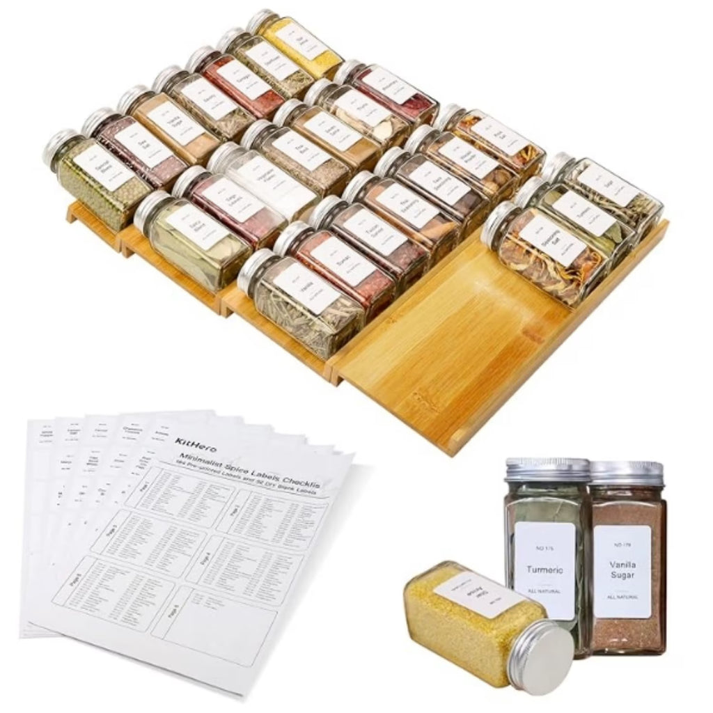 Bamboo 4 Tier Spice Rack with 24 Spice Jars and 216 Labels R4572