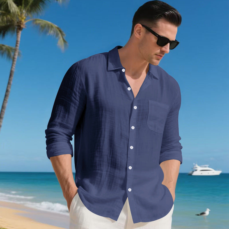 Men's Linen Long Sleeve Button Down Shirt Casual Collared Beach Vacation Shirt for Men