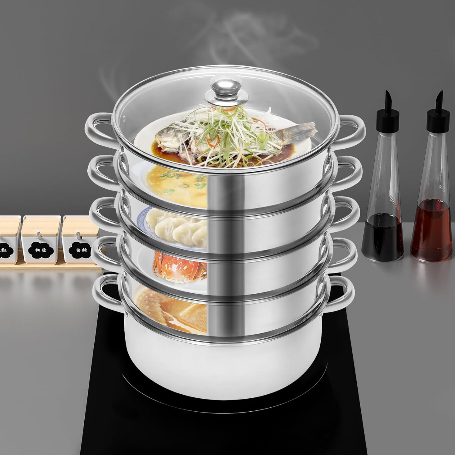 5 Tier 10inch Stainless Steel Steamer Pot with Glass Lid Z240