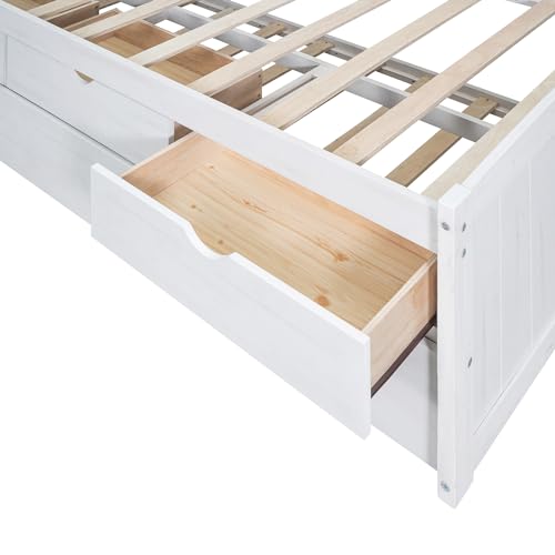 White Wash Wooden Twin Size Captain Bed with Built-in Bookshelves and 3 Storage Drawers and Trundle S277