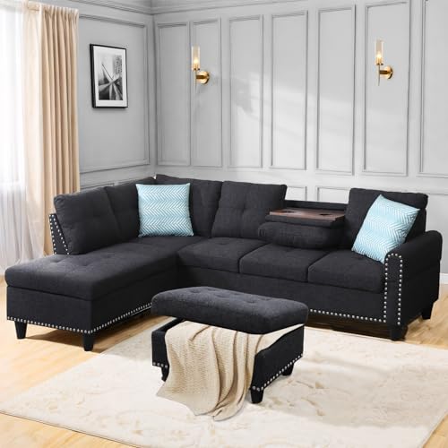 Charcoal Grey L Shaped Sectional Sleeper Sofa with Storage Ottoman L727730