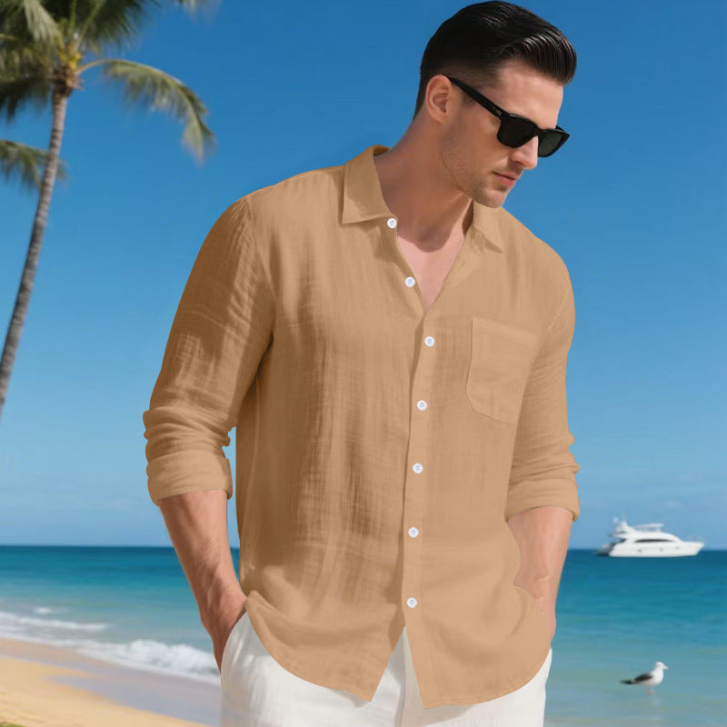 Men's Linen Long Sleeve Button Down Shirt Casual Collared Beach Vacation Shirt for Men