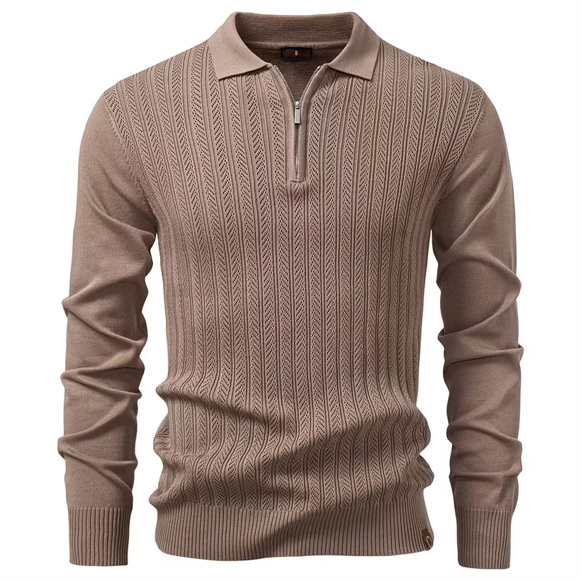 Premium Solid Zip-Up Long-Sleeve Knit Polo Shirt
