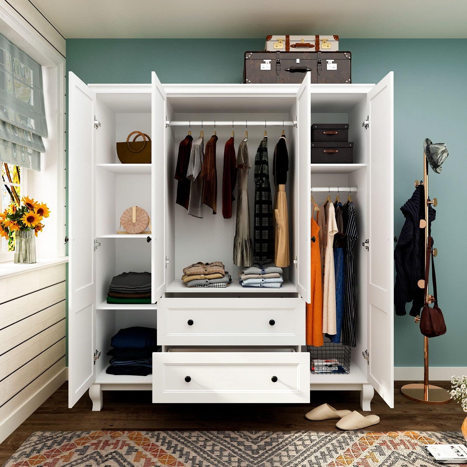 Large 4-Door White Wardrobe Closet with Hanging Rod and 2 Drawers Z428105
