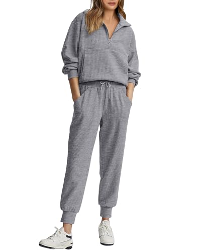 2 Piece Long Sleeve Half Zip Sweatshirt Sweatpants Lounge Set O313069