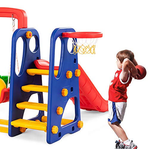 Toddler Long Slide Set, 3-in-1 Large Climber Playset with Basketball Hoop, Stairs, Thickened Panel, Playground Swing M665