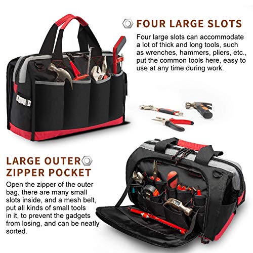 16-inch Wide Mouth Tool Tote Bag with 25 Pockets and Adjustable Shoulder Strap, Black/Red W20410