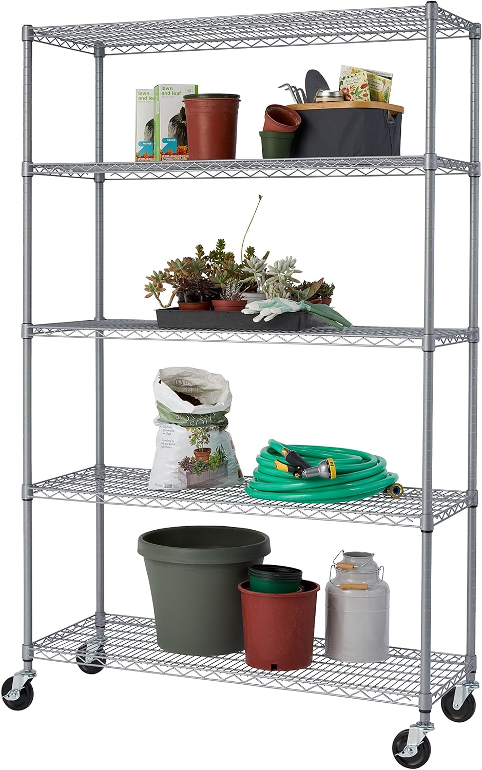 Gray 5-Tier Adjustable Wire Shelving with Wheels, 48" W X 18" D X 72-77" H M39762