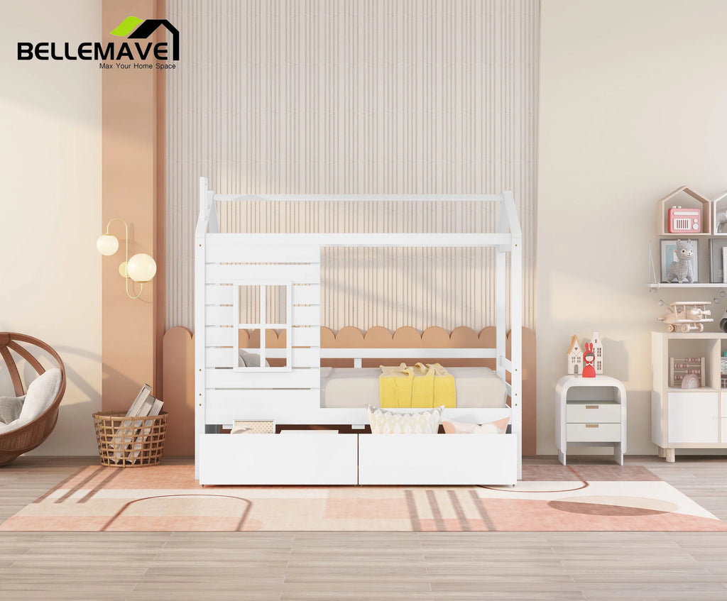 White Twin Size Wooden House Bed with Drawers and Guard Rails M1444