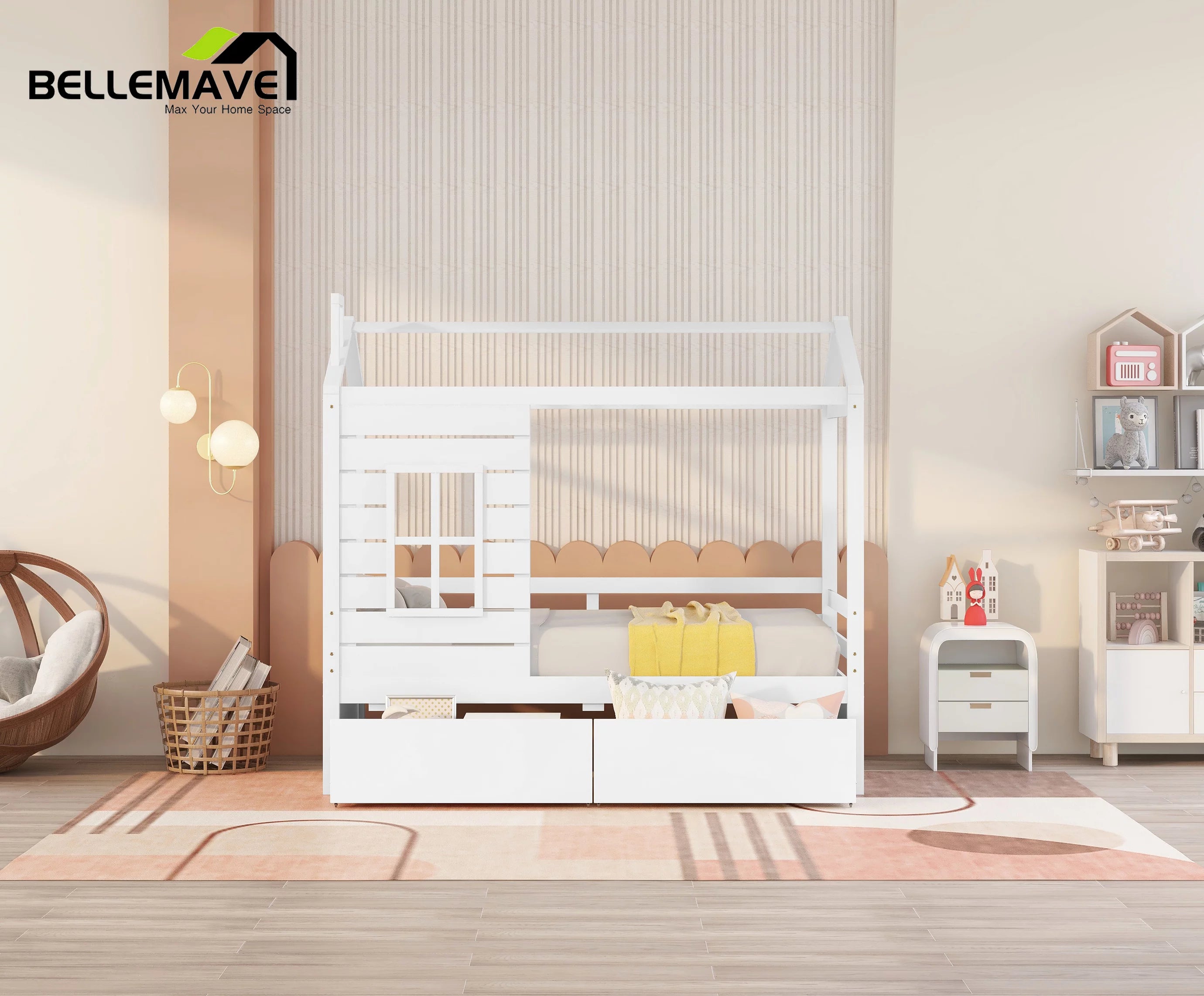 White Twin Size Wooden House Bed with Drawers and Guard Rails M1444