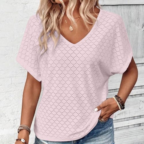 Breathable Eyelets Blouses V Neck Short Sleeve Soft Textured Tunic Tops H94079