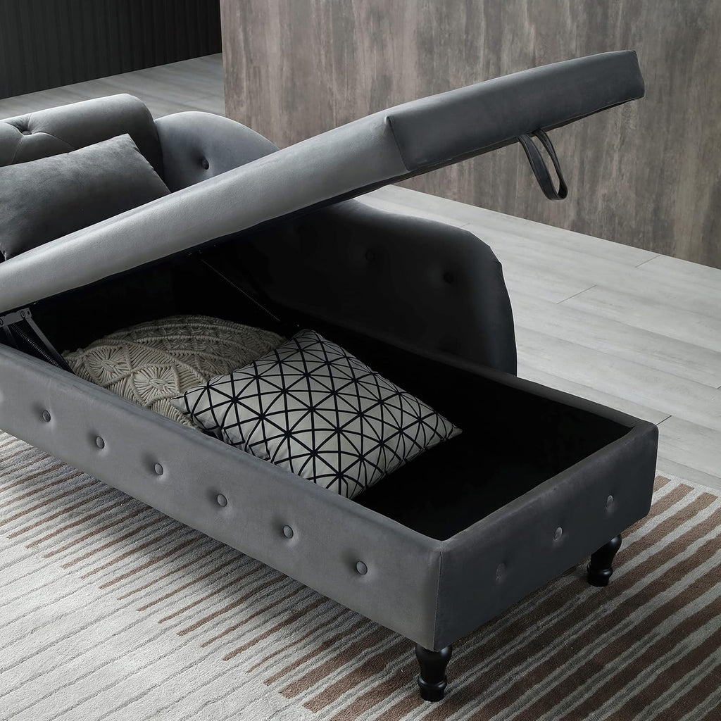 Gray Velvet Chaise Lounge Chair with Storage M8984