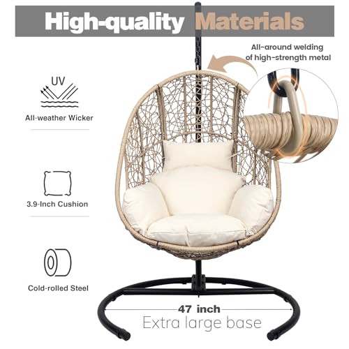 Oversized Outdoor Hanging Egg Chair with Stand, All Weather Wicker, Waterproof Cushion T438