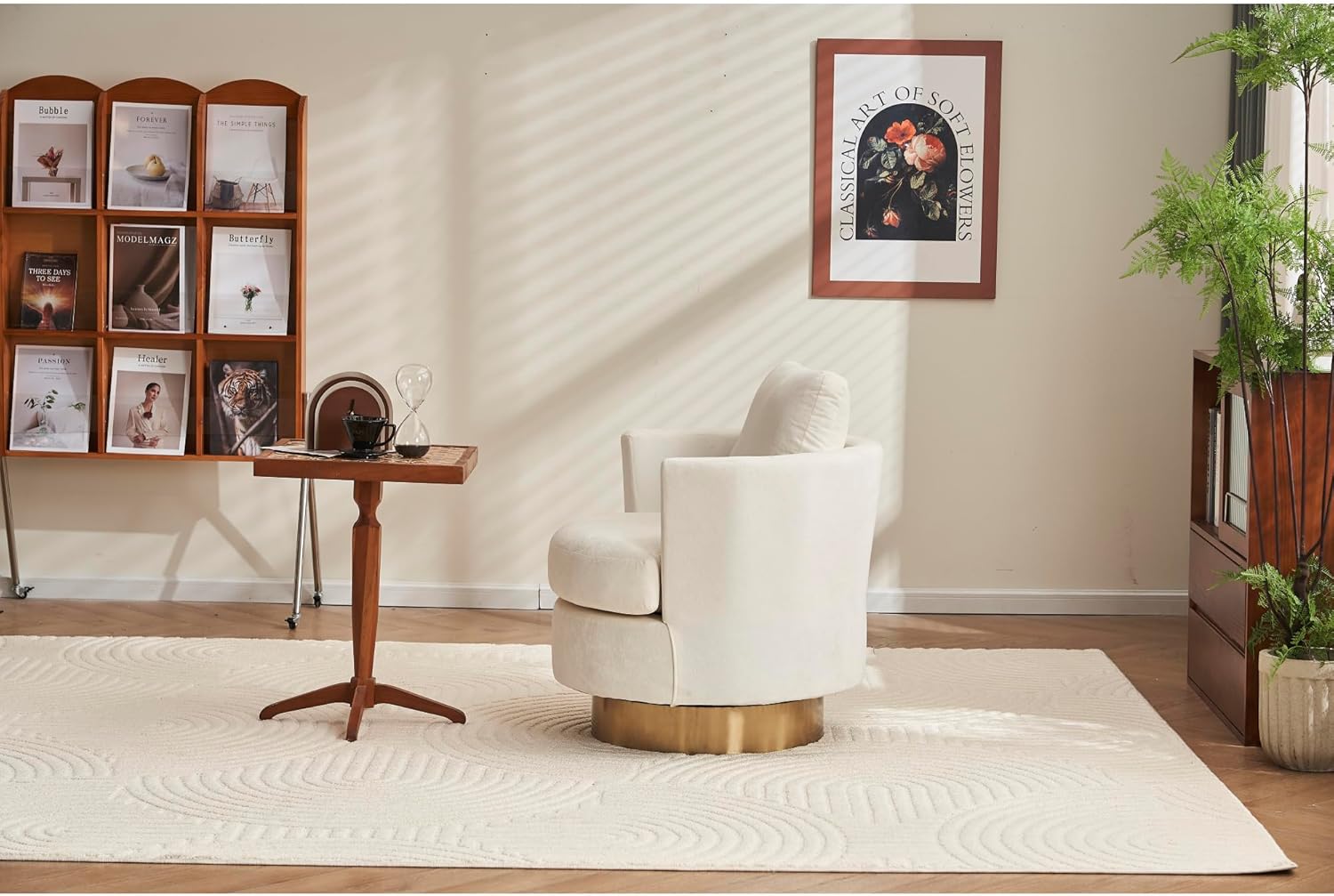 Beige Velvet Swivel Barrel Chair with Gold Stainless Steel Base T511365