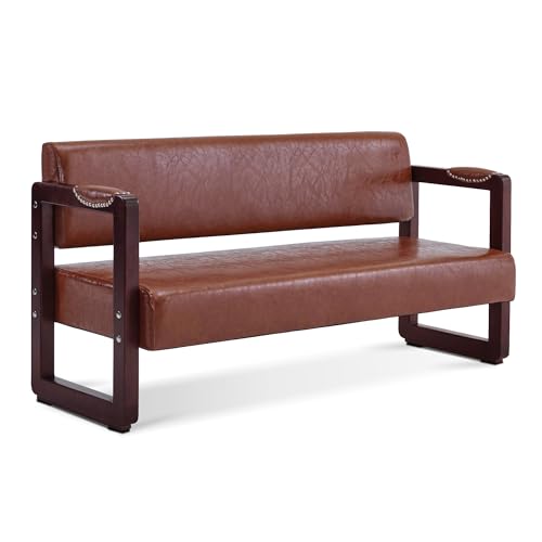 Brown Faux Leather Bench with Backrest T8226