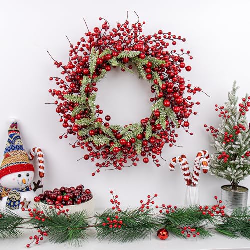 White 20 Inch Christmas Wreath with Berry Fir Pine Needle P690659