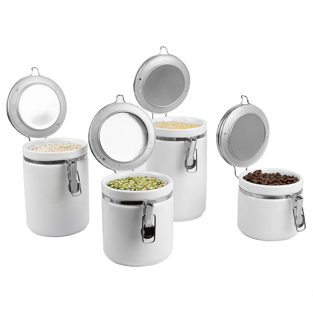4 Piece Ceramic Canister Set with Stainless Steel Tops, White B53387