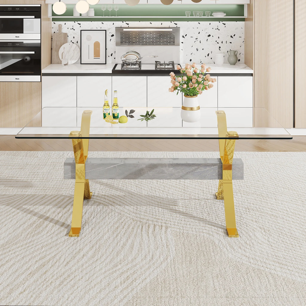 79''x39''x30'' Rectangular Tempered Glass Dining Table with 6 White PU Gold Plated Leg Chairs H47594