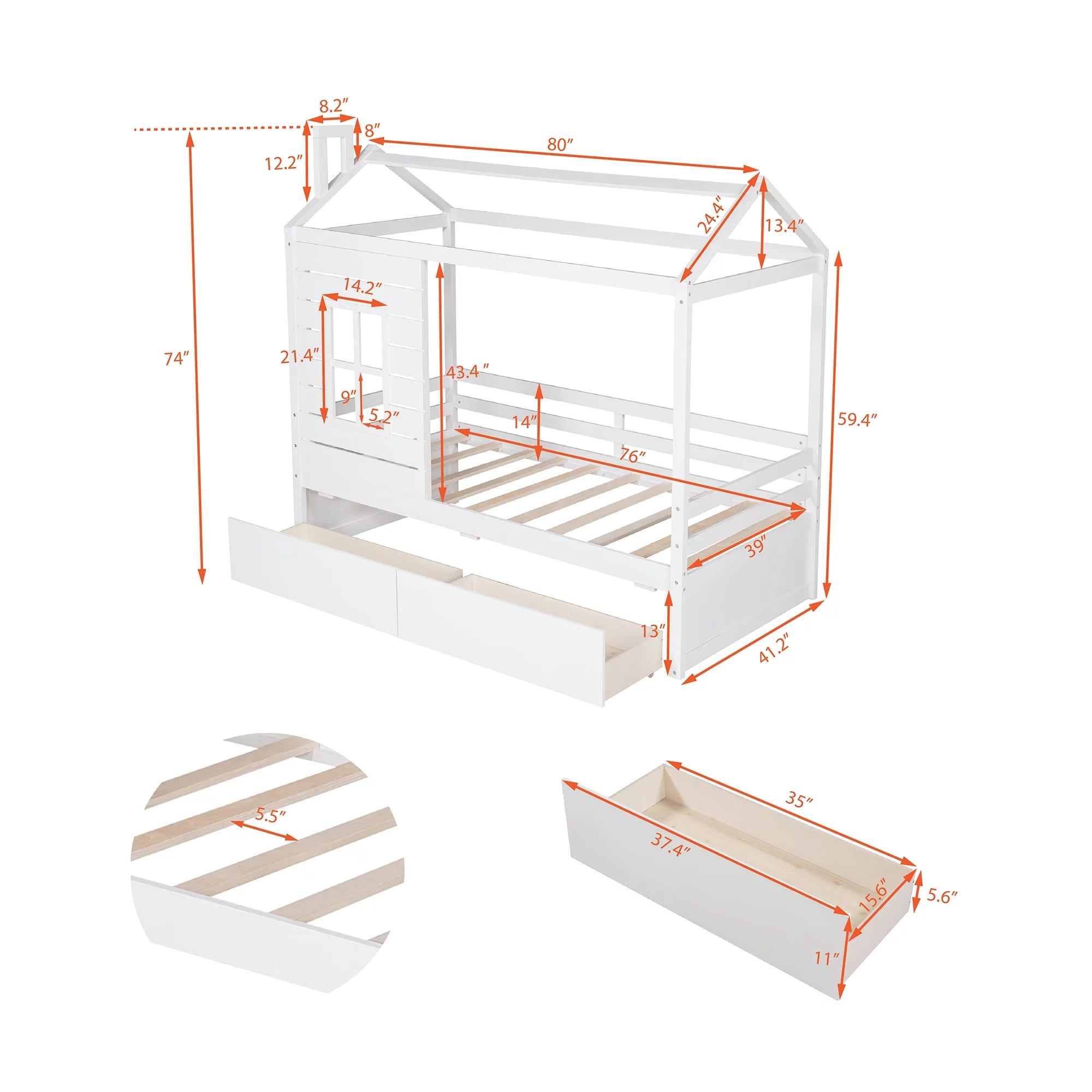 White Twin Size Wooden House Bed with Drawers and Guard Rails M1444