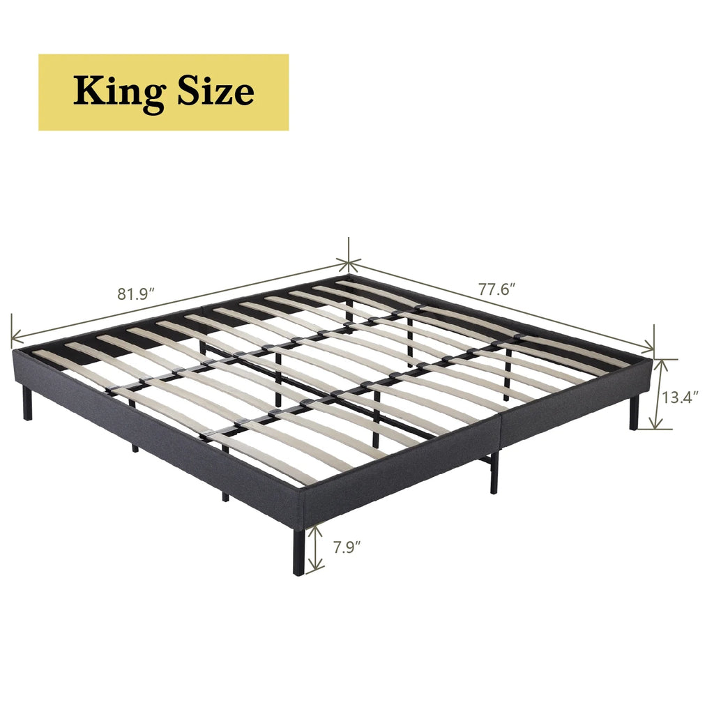 Grey King Size Upholstered Platform Bed Frame with Wood Slats B4453