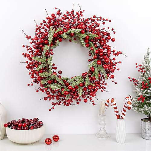White 20 Inch Christmas Wreath with Berry Fir Pine Needle P690659