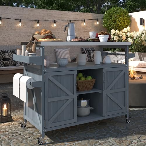 Solid Wood Grill Table with Stainless Steel Top and Internal Storage Racks Q653830