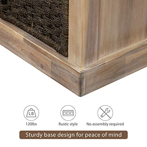 Grey Wicker Storage Bench with Cushion, 3-Drawer and 3 Woven Baskets Y350786