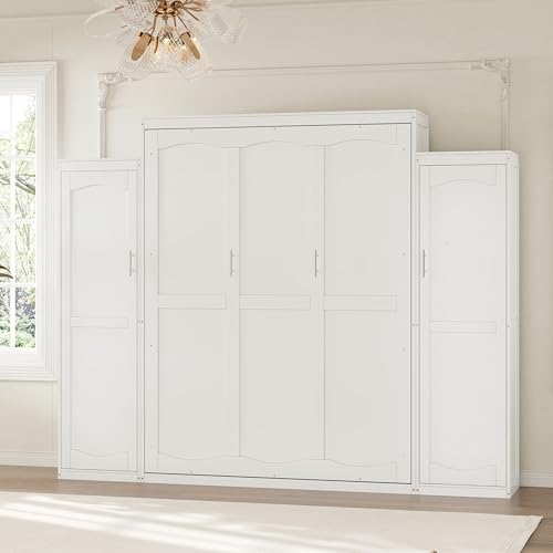 Full Size Wood Murphy Bed with Two Closets and Storage Shelf, Walnut R919758