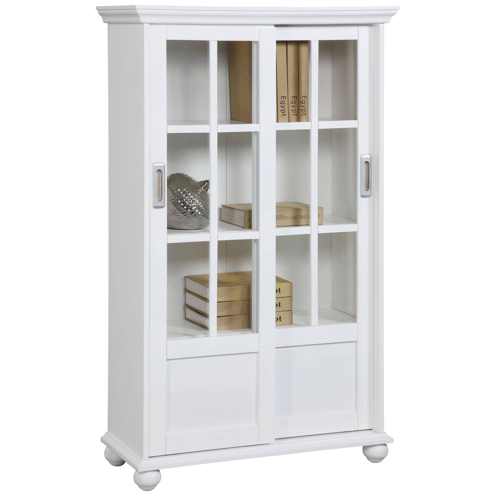 White Bookcase with Sliding Glass Doors P73048
