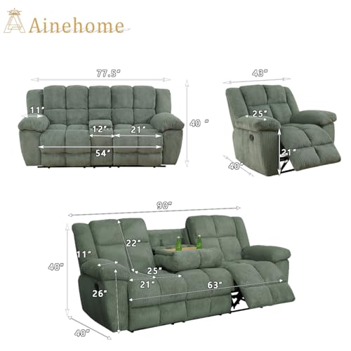 Manual Recliner Sofa Set, Corduroy Recliner Chair, Green Z451728