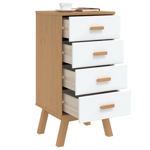 White and Brown Solid Wood Bedside Cabinet with Drawers V64474